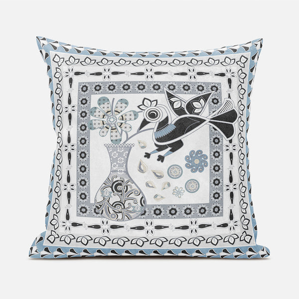 Homeroots 20" X 20" Black Gray And White Peacock Broadcloth Floral Zippered Pillow   481224