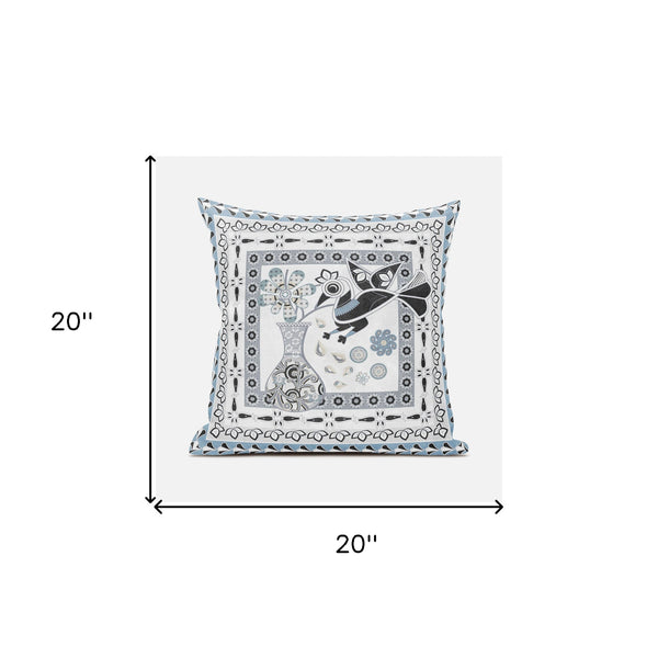 Homeroots 20" X 20" Black Gray And White Peacock Broadcloth Floral Zippered Pillow   481224