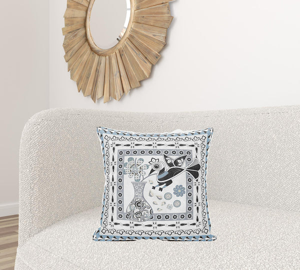 Homeroots 20" X 20" Black Gray And White Peacock Broadcloth Floral Zippered Pillow   481224