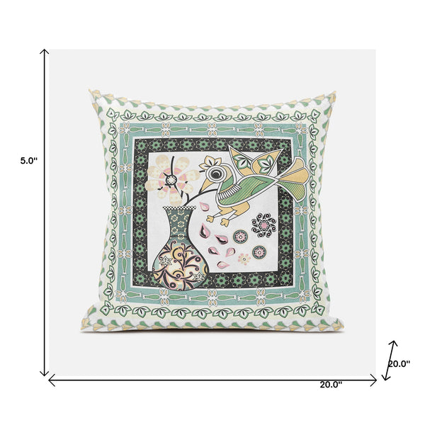 Homeroots 20" X 20" Green And Yellow Peacock Broadcloth Floral Zippered Pillow   481227