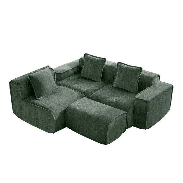 English Elm Streamlined Velvet L-shaped Sectional Sofa with Ottoman and Cloud Cushion Living Room Green W3041S00366