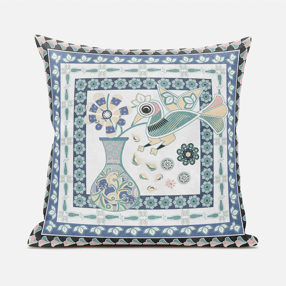 Homeroots 20" X 20" Blue And White Peacock Broadcloth Floral Zippered Pillow   481230