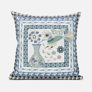 Homeroots 20" X 20" Blue And White Peacock Broadcloth Floral Zippered Pillow   481230