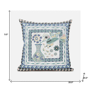 Homeroots 20" X 20" Blue And White Peacock Broadcloth Floral Zippered Pillow   481230