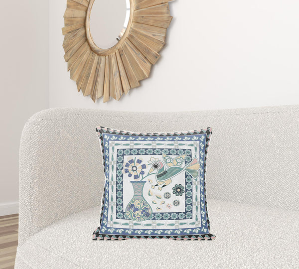 Homeroots 20" X 20" Blue And White Peacock Broadcloth Floral Zippered Pillow   481230