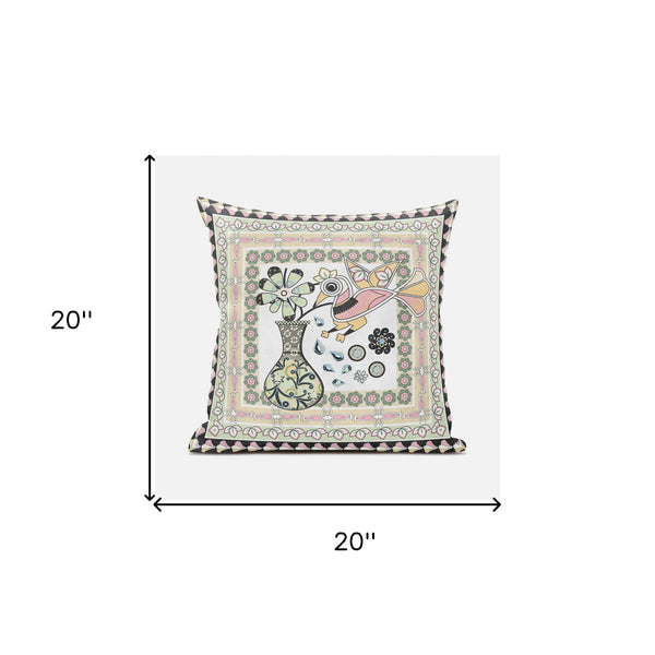 Homeroots 20" X 20" Pink And White Peacock Broadcloth Floral Zippered Pillow   481242