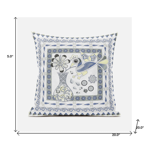 Homeroots 20" X 20" Gray And Yellow Peacock Broadcloth Floral Zippered Pillow   481248