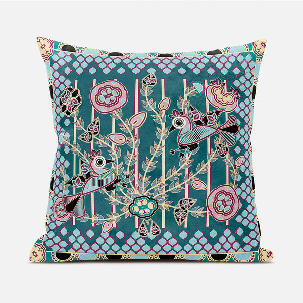 Homeroots 20" X 20" Pink And Green Peacock Broadcloth Floral Zippered Pillow   481257