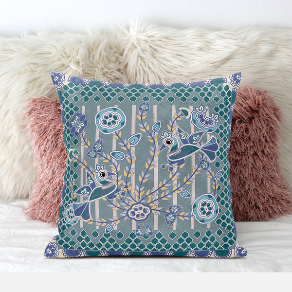 Homeroots 20" X 20" Blue And Gray Peacock Broadcloth Floral Zippered Pillow   481263