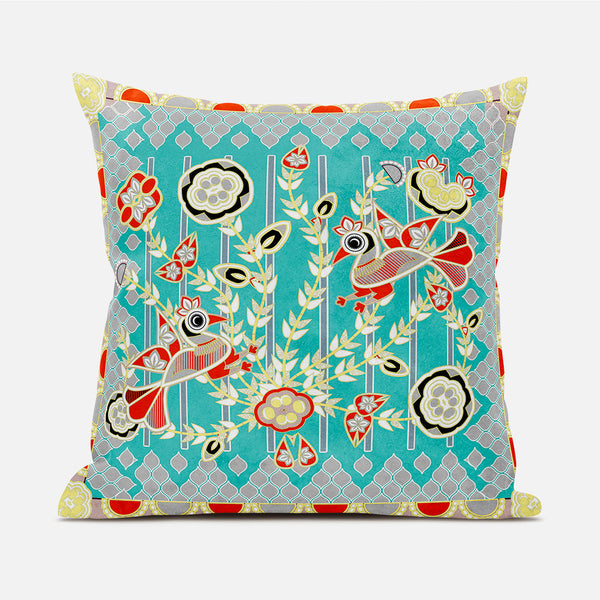 Homeroots 20" X 20" Blue And Yellow Peacock Broadcloth Floral Zippered Pillow   481266