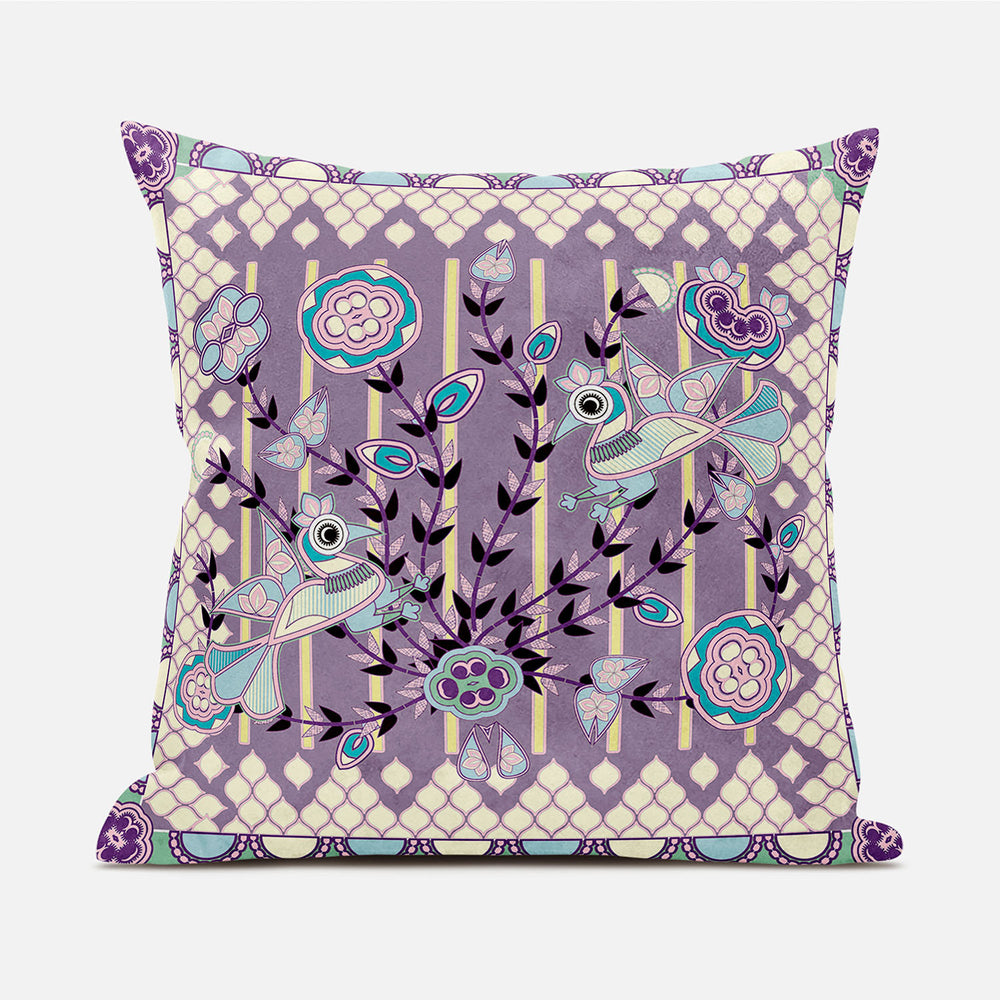Homeroots 20" X 20" Blue And Purple Peacock Broadcloth Floral Zippered Pillow   481272