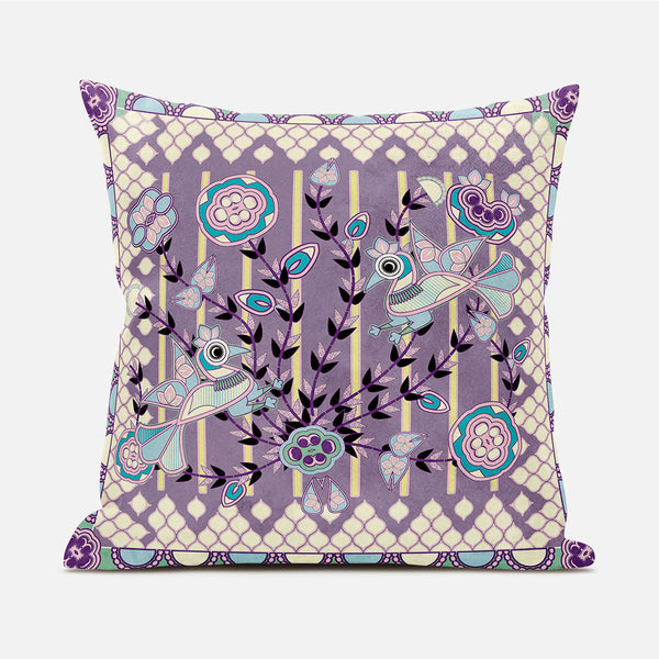 Homeroots 20" X 20" Blue And Purple Peacock Broadcloth Floral Zippered Pillow   481272