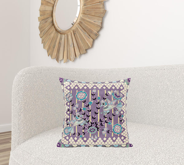 Homeroots 20" X 20" Blue And Purple Peacock Broadcloth Floral Zippered Pillow   481272