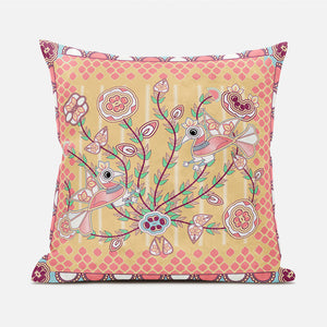 Homeroots 20" X 20" Yellow And Peach Peacock Broadcloth Floral Zippered Pillow   481278
