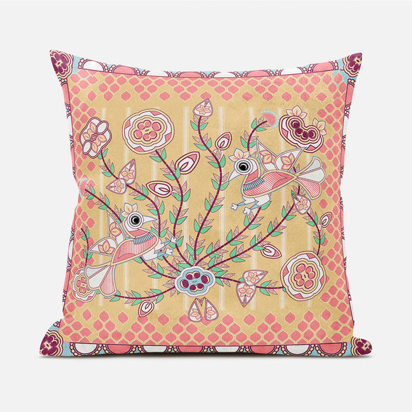 Homeroots 20" X 20" Yellow And Peach Peacock Broadcloth Floral Zippered Pillow   481278