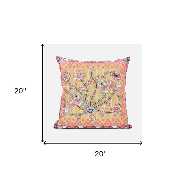 Homeroots 20" X 20" Yellow And Peach Peacock Broadcloth Floral Zippered Pillow   481278