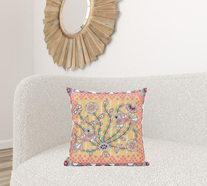 Homeroots 20" X 20" Yellow And Peach Peacock Broadcloth Floral Zippered Pillow   481278