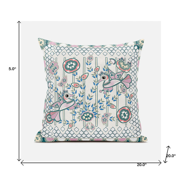 Homeroots 20" X 20" Blue And Off White Peacock Broadcloth Floral Zippered Pillow   481281