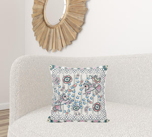 Homeroots 20" X 20" Blue And Off White Peacock Broadcloth Floral Zippered Pillow   481281