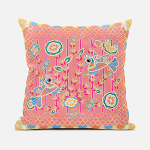 Homeroots 20" X 20" Yellow And Peach Peacock Broadcloth Floral Zippered Pillow   481284