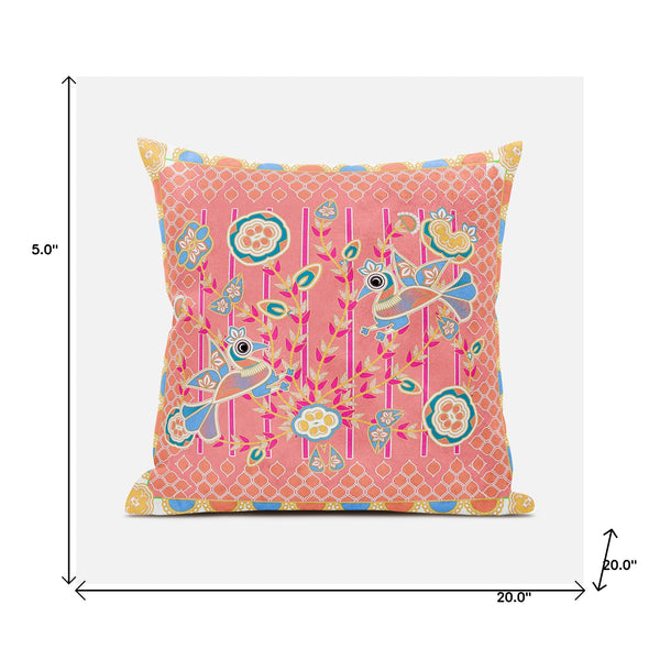 Homeroots 20" X 20" Yellow And Peach Peacock Broadcloth Floral Zippered Pillow   481284