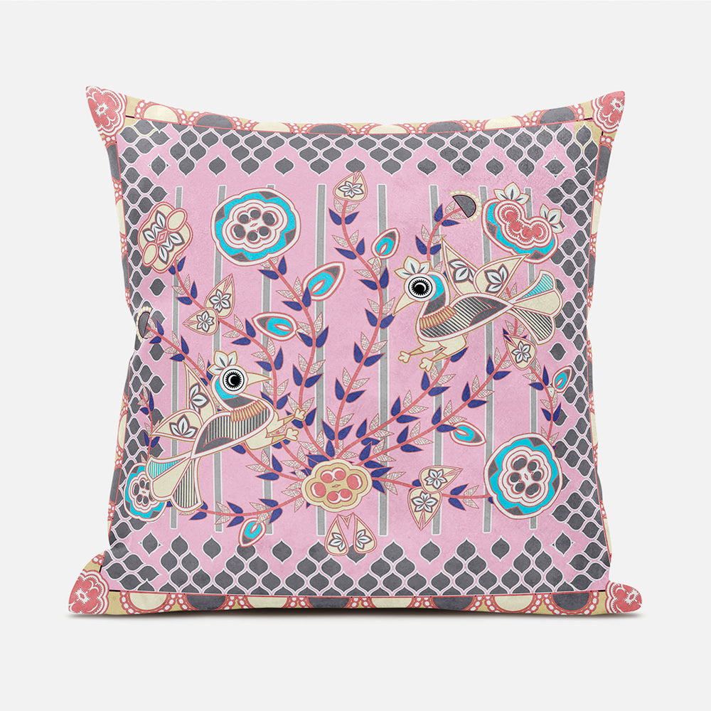 Homeroots 20" X 20" Gray And Pink Peacock Broadcloth Floral Zippered Pillow   481287