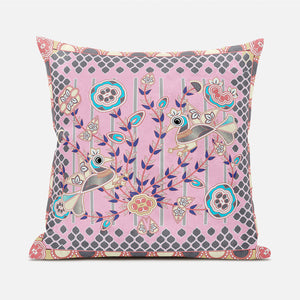 Homeroots 20" X 20" Gray And Pink Peacock Broadcloth Floral Zippered Pillow   481287