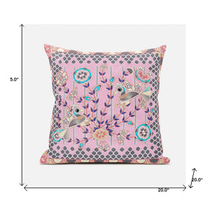 Homeroots 20" X 20" Gray And Pink Peacock Broadcloth Floral Zippered Pillow   481287