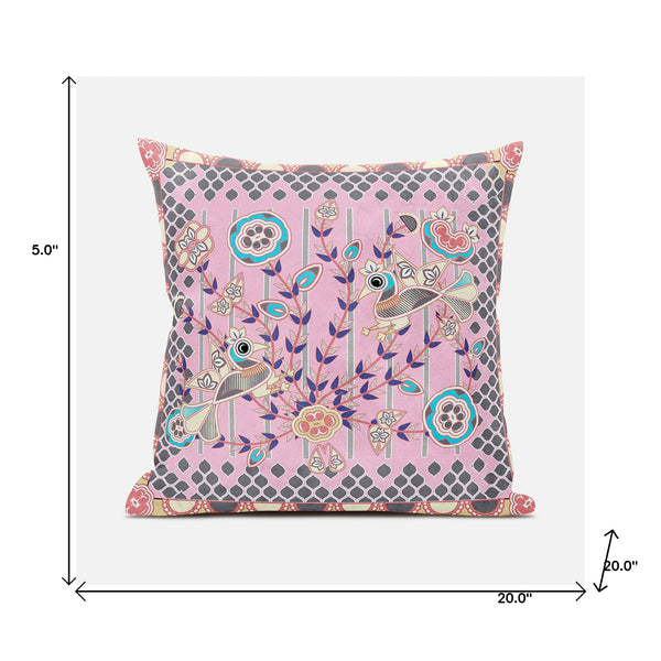 Homeroots 20" X 20" Gray And Pink Peacock Broadcloth Floral Zippered Pillow   481287