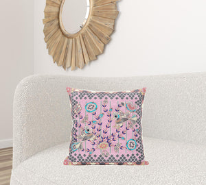 Homeroots 20" X 20" Gray And Pink Peacock Broadcloth Floral Zippered Pillow   481287