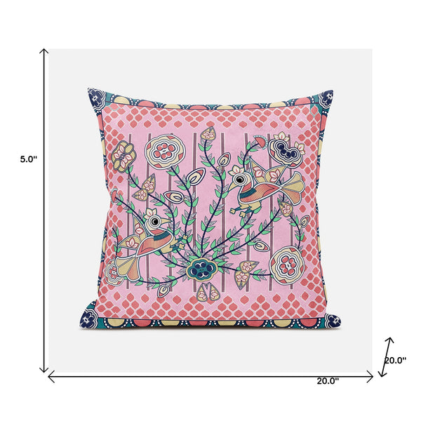 Homeroots 20" X 20" Yellow And Peach Peacock Broadcloth Floral Zippered Pillow   481290