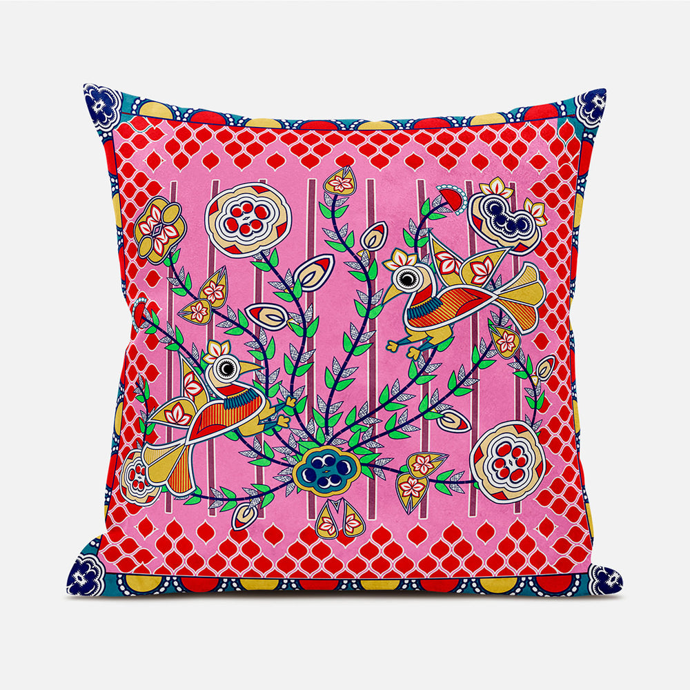 Homeroots 20" X 20" Red And Pink Peacock Broadcloth Floral Zippered Pillow   481293