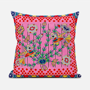 Homeroots 20" X 20" Red And Pink Peacock Broadcloth Floral Zippered Pillow   481293