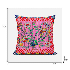 Homeroots 20" X 20" Red And Pink Peacock Broadcloth Floral Zippered Pillow   481293