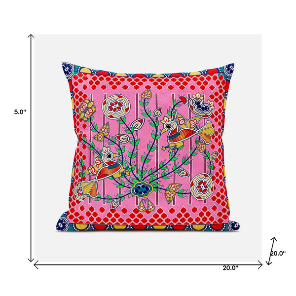 Homeroots 20" X 20" Red And Pink Peacock Broadcloth Floral Zippered Pillow   481293