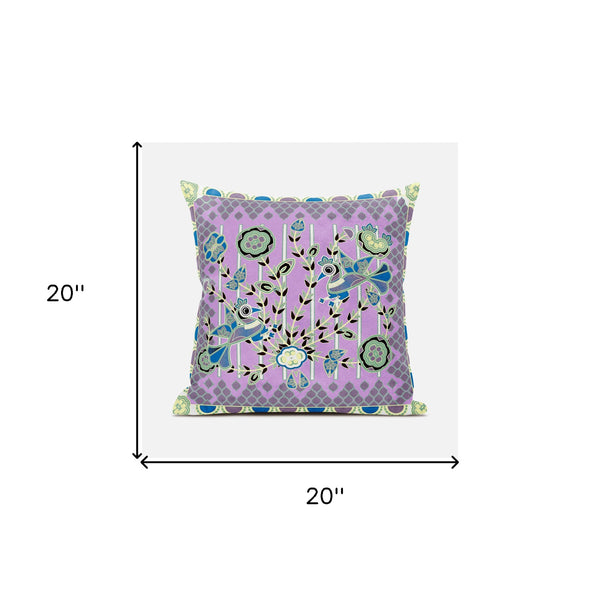 Homeroots 20" X 20" Purple And Black Peacock Broadcloth Floral Zippered Pillow   481296