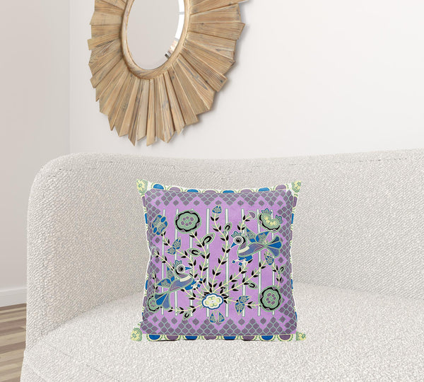 Homeroots 20" X 20" Purple And Black Peacock Broadcloth Floral Zippered Pillow   481296
