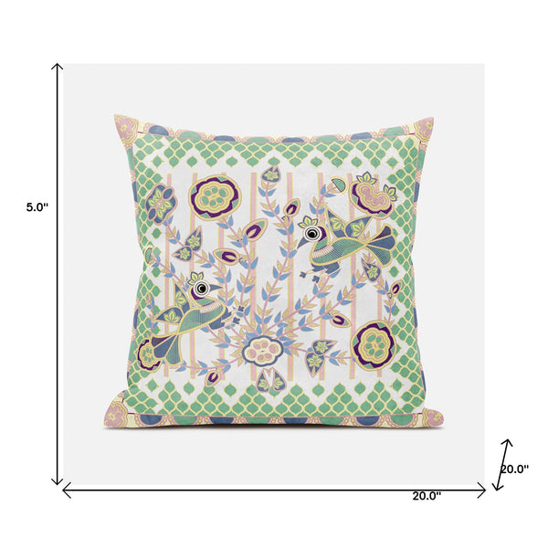 Homeroots 20" X 20" Green And Yellow Peacock Broadcloth Floral Zippered Pillow   481299