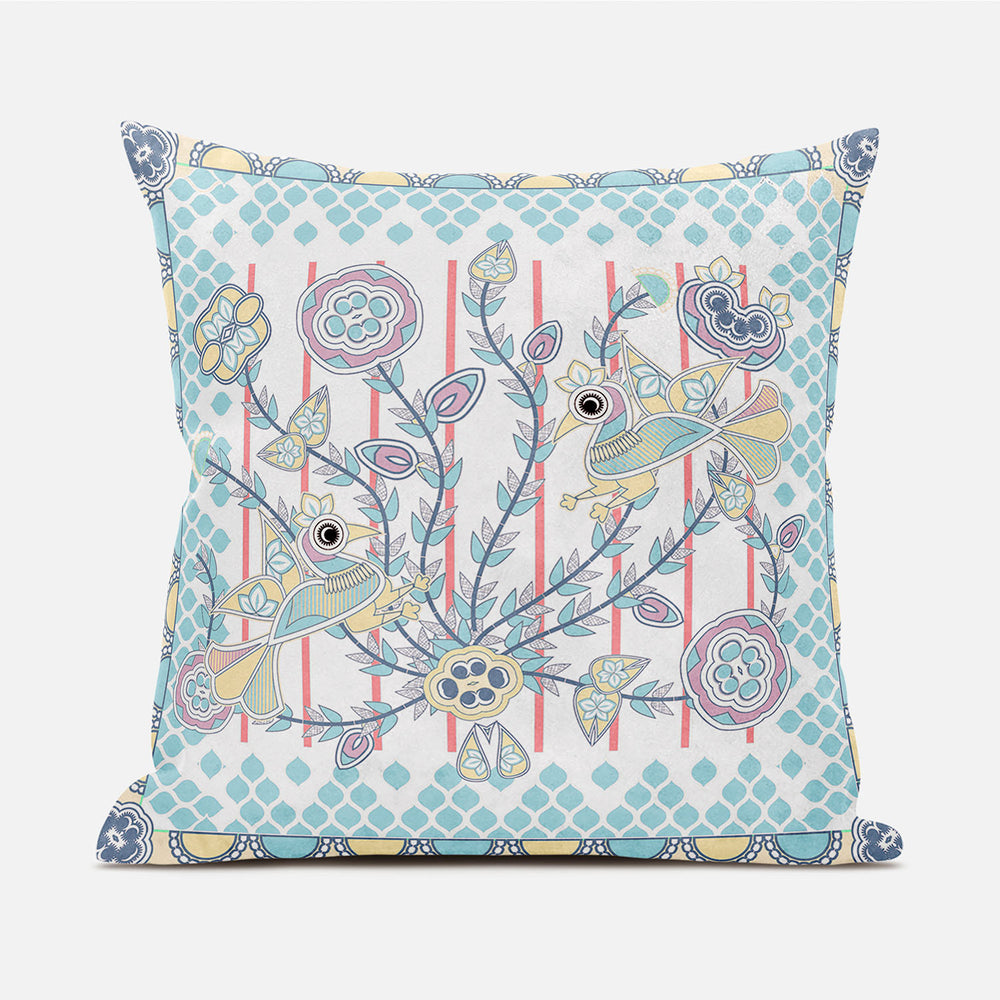 Homeroots 20" X 20" Blue And Yellow Peacock Broadcloth Floral Zippered Pillow   481302