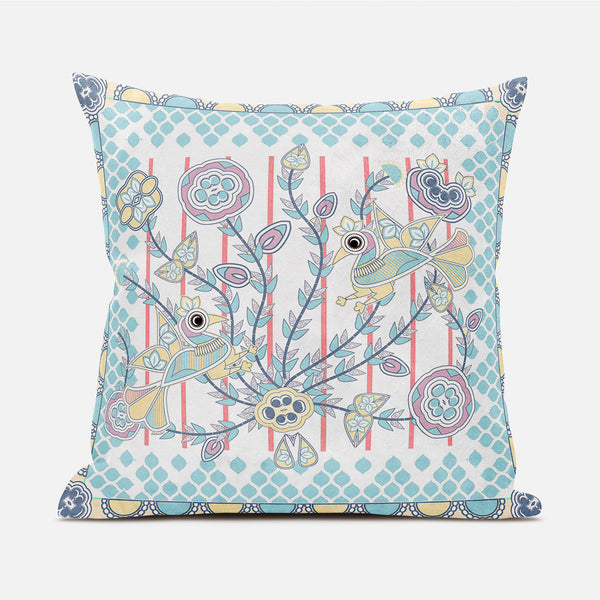 Homeroots 20" X 20" Blue And Yellow Peacock Broadcloth Floral Zippered Pillow   481302