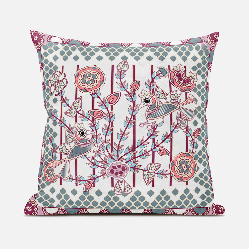 Homeroots 20" X 20" Red And White Peacock Broadcloth Floral Zippered Pillow   481305