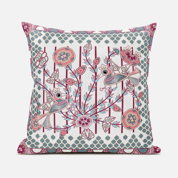 Homeroots 20" X 20" Red And White Peacock Broadcloth Floral Zippered Pillow   481305