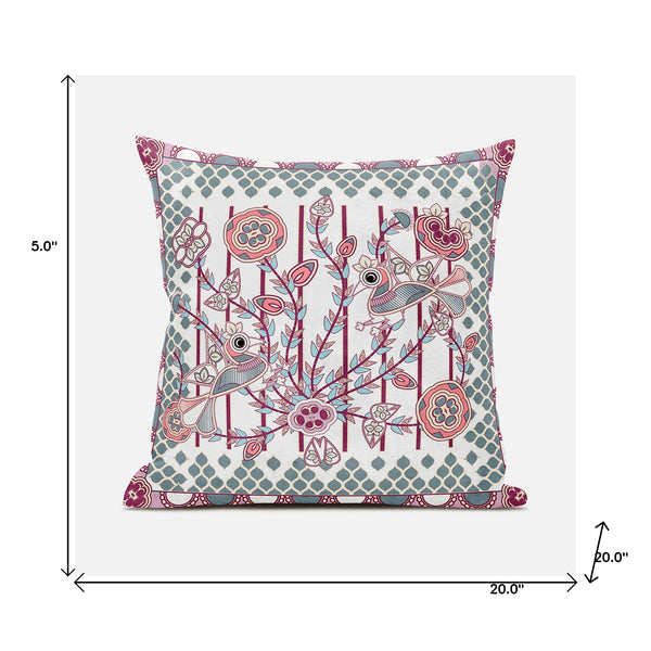 Homeroots 20" X 20" Red And White Peacock Broadcloth Floral Zippered Pillow   481305