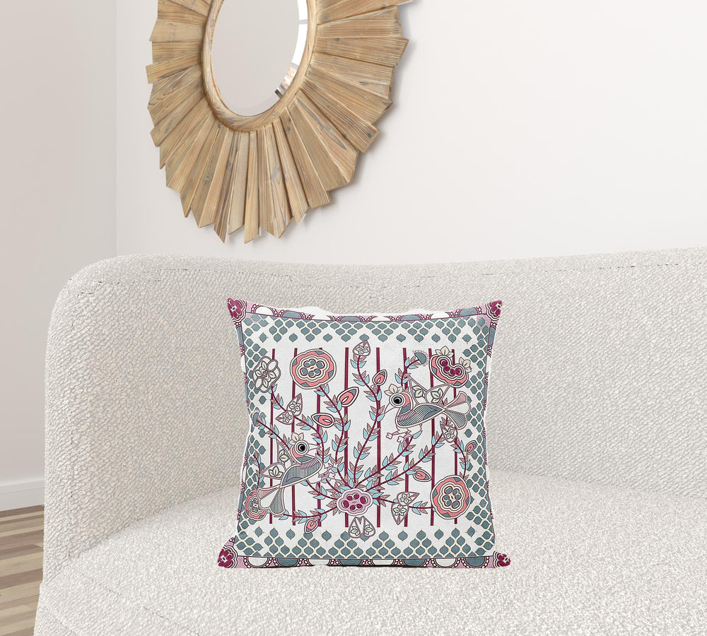 Homeroots 20" X 20" Red And White Peacock Broadcloth Floral Zippered Pillow   481305