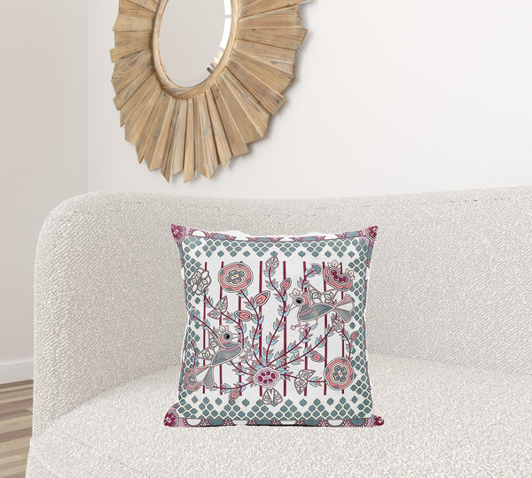 Homeroots 20" X 20" Red And White Peacock Broadcloth Floral Zippered Pillow   481305