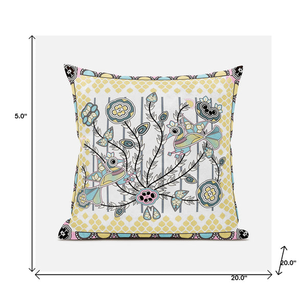 Homeroots 20" X 20" Yellow And White Peacock Broadcloth Floral Zippered Pillow   481311