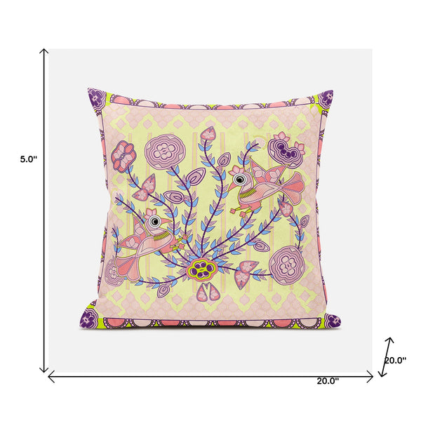 Homeroots 20" X 20" Yellow And Peach Peacock Broadcloth Floral Zippered Pillow   481314