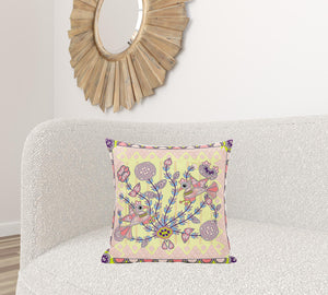 Homeroots 20" X 20" Yellow And Peach Peacock Broadcloth Floral Zippered Pillow   481314