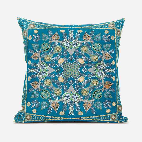 Homeroots 20" X 20" Aqua And Gold Broadcloth Paisley Zippered Pillow   481323