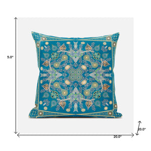 Homeroots 20" X 20" Aqua And Gold Broadcloth Paisley Zippered Pillow   481323